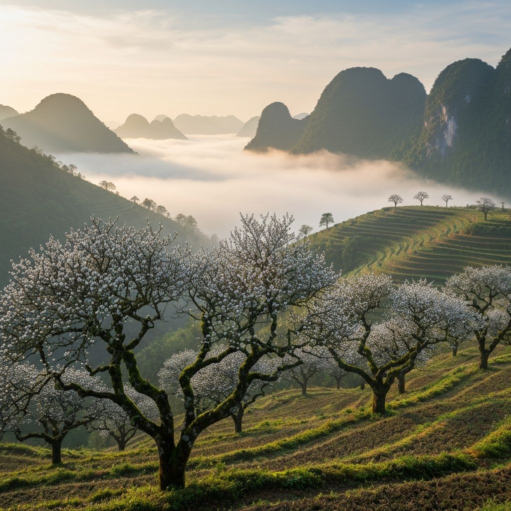 Cây trà Shan Tuyết cổ thụ trên núi Hà Giang trong sương sớm