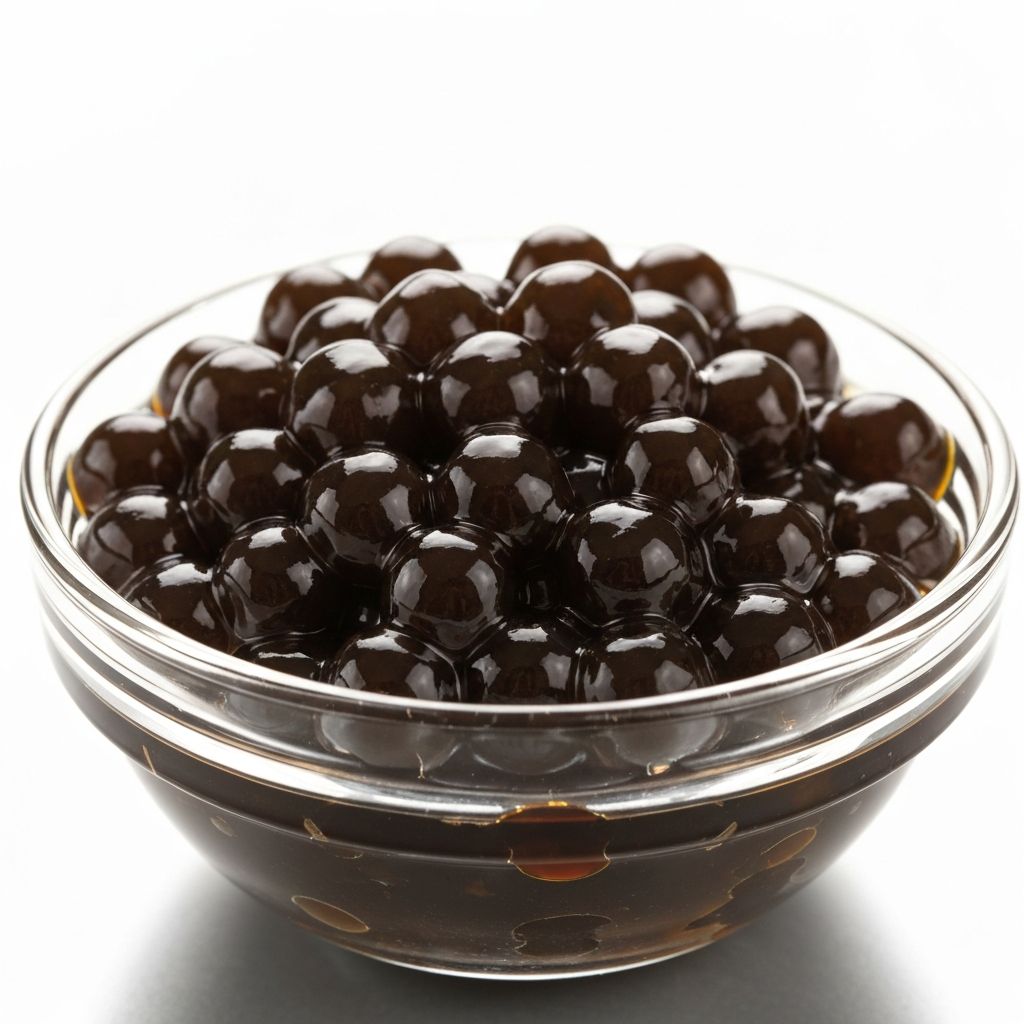 Trân châu đường đen bóng bẩy trong bát gốm với siro caramel